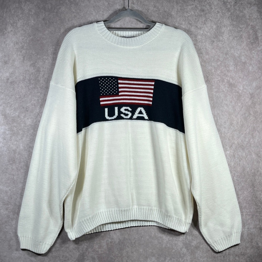 Vintage Boca Classics Sweater Mens Large White Knit USA Flag Patriotic Pullover‎